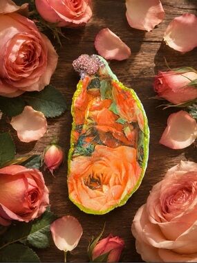 Hand Made Decoupaged Oyster Shell Ring Holder or Home Decor.